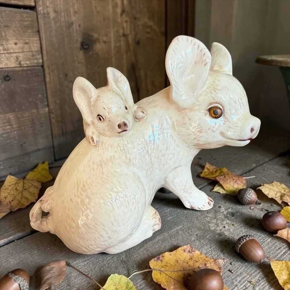 Vintage 1980s Ceramic Mother & Baby Pig Figurine Glass Eyes Farmhouse Decor